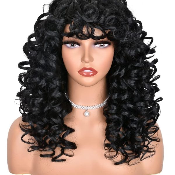 Black Curly Wigs for Black Women Long Curly Afro Wig with Bangs for Women Big Bouncy Fluffy Synthetic Fiber Glueless Hair for Cosplay and Daily